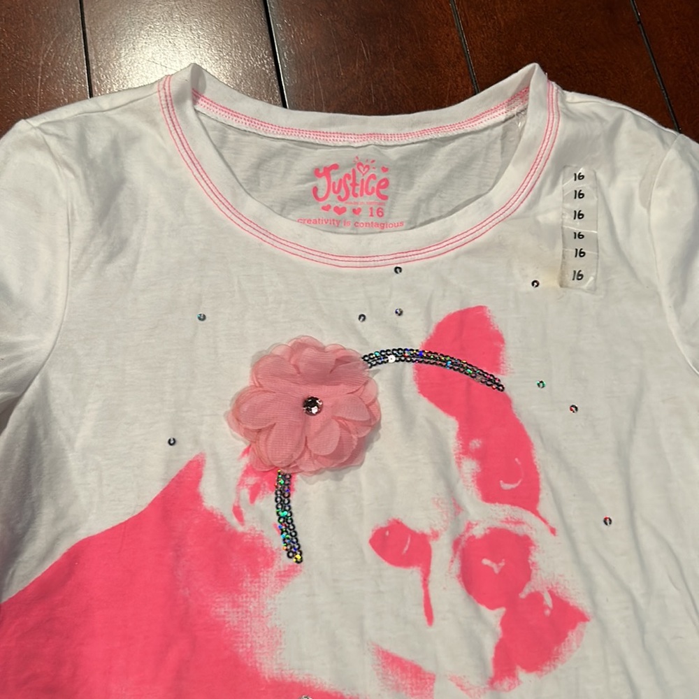 NWT Justice Pink White Bulldog Almost Too Cute Long Sleeve Top Size 16 - Picture 5 of 13